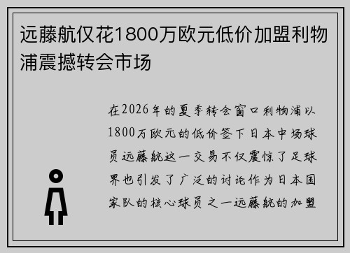 远藤航仅花1800万欧元低价加盟利物浦震撼转会市场 远藤航仅花1800万欧元低价加盟利物浦震撼转会市场