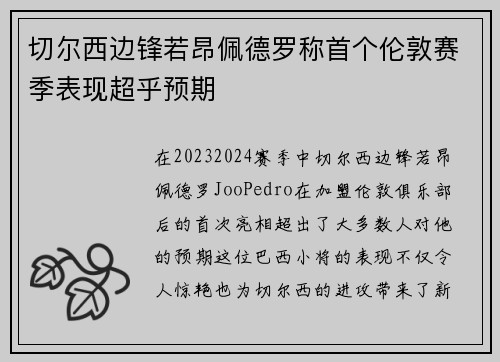 切尔西边锋若昂佩德罗称首个伦敦赛季表现超乎预期